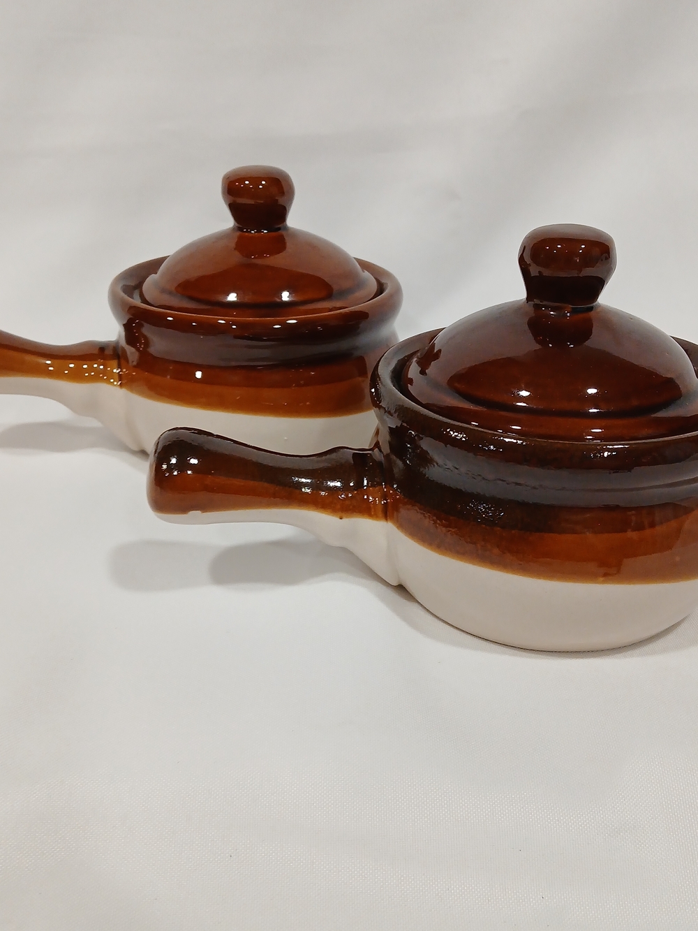 Vintage French Onion Soup Crocks Handled Bowls with Lids Brown Glazed Set of 2